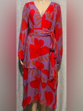 FARM Rio Wild Hearts Layered Chiffon Viscose Midi Dress Long Sleeve~MED~Lined